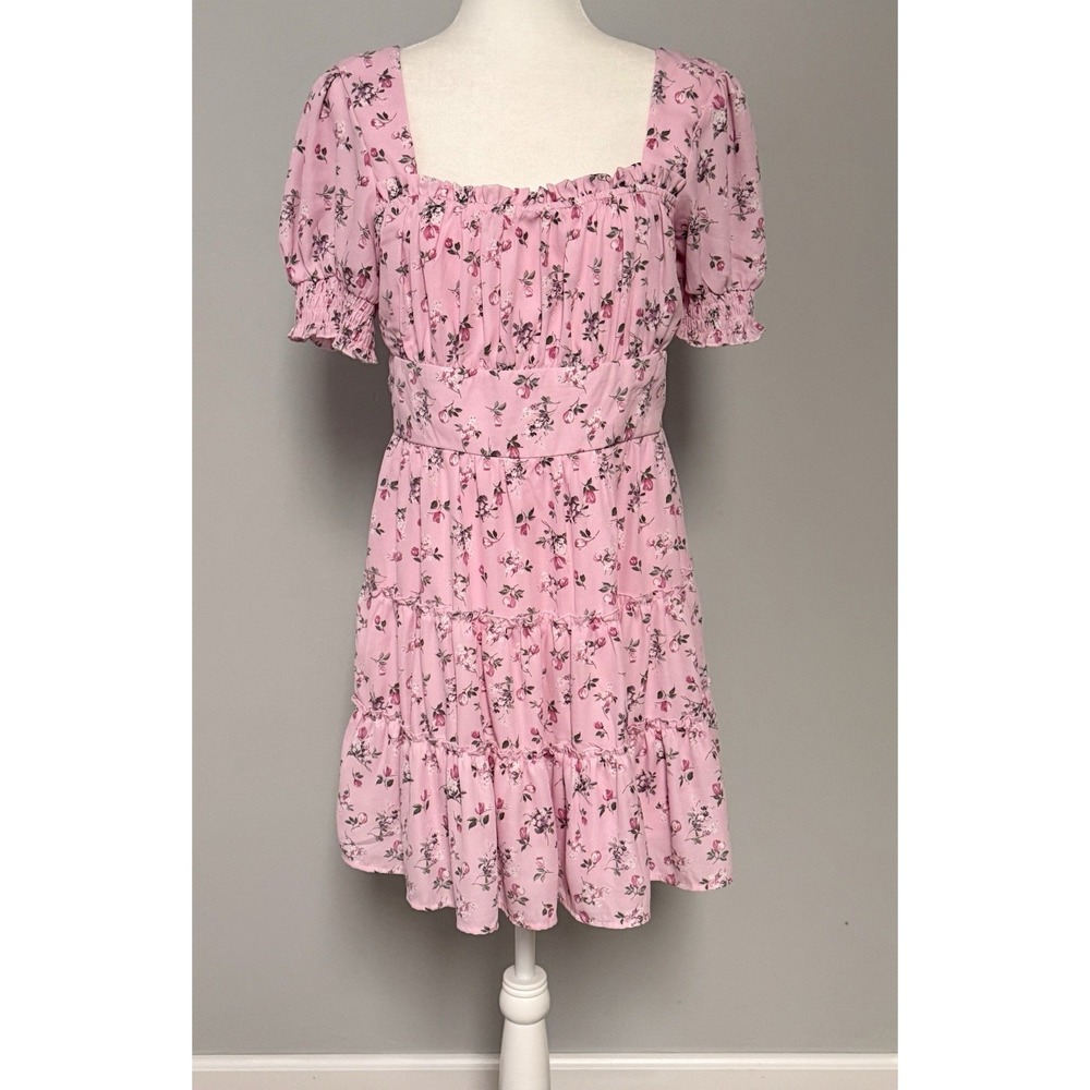Trixxi Pink Floral Milkmaid Mini Dress Juniors XL Tiered Puff Sleeve Smocked